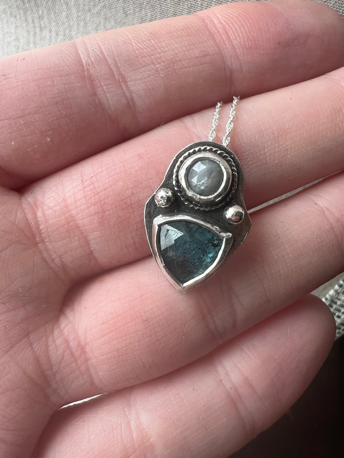 kyanite trillion with grey sapphire necklace
