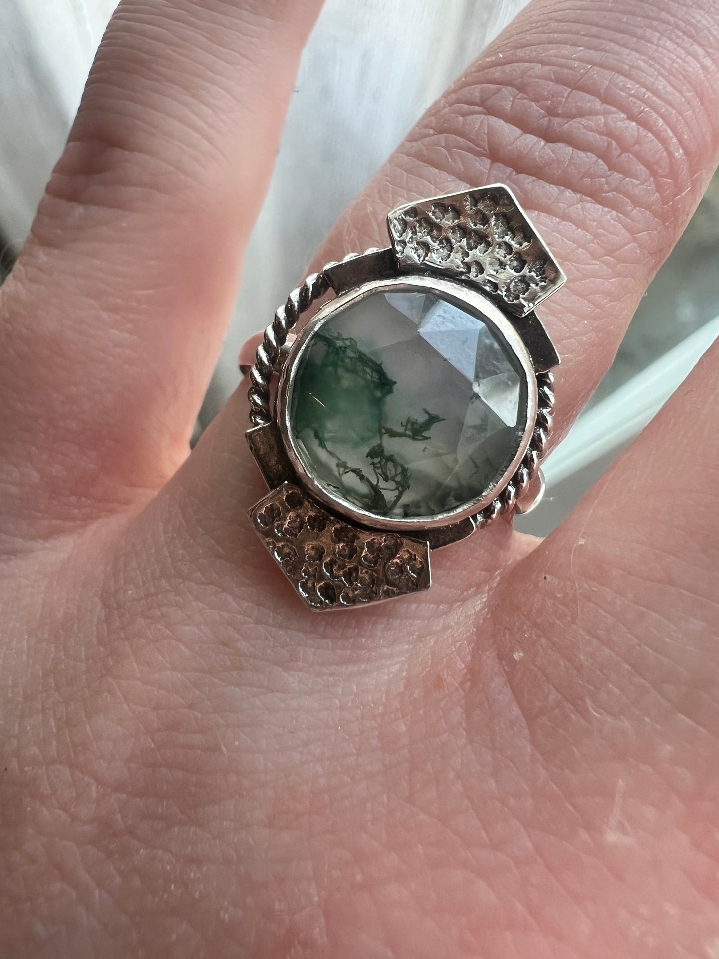 moss agate deco ring