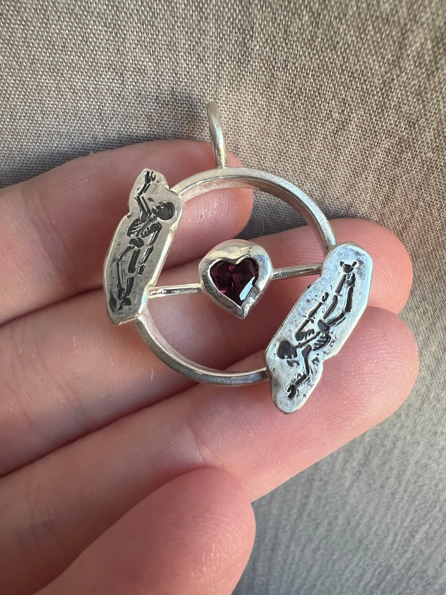 garnet heart articulating skeleton lovers necklace