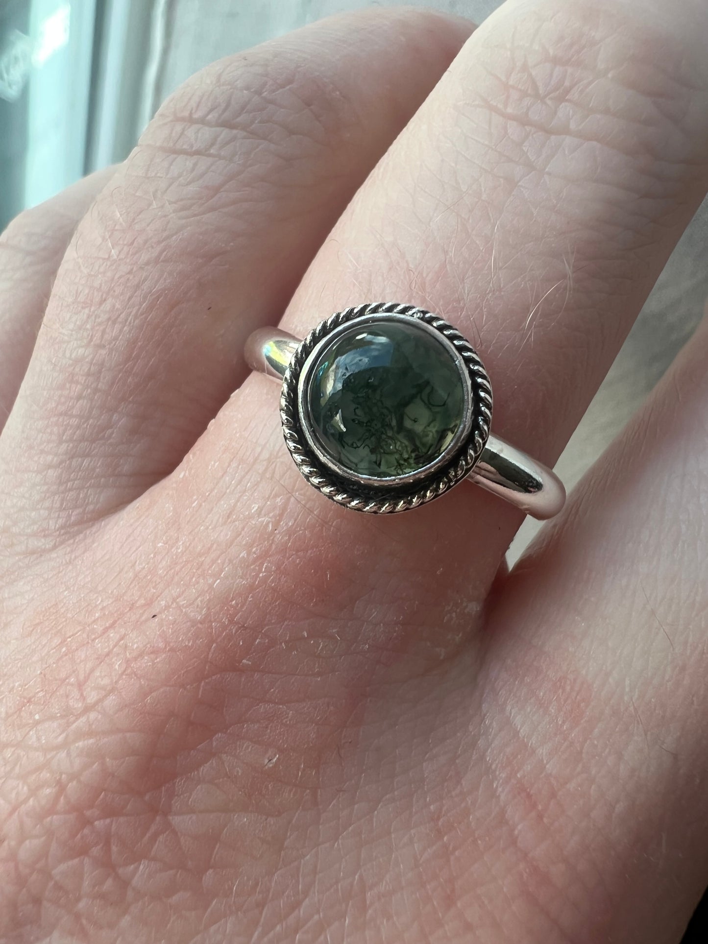 moss agate round cabochon bezel ring