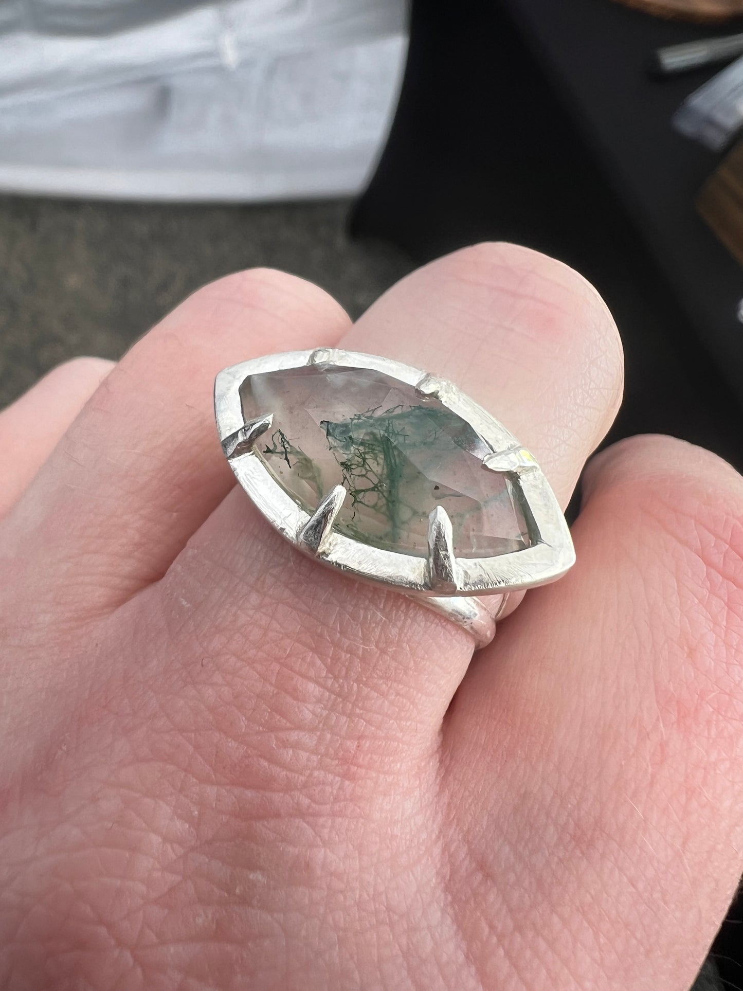 moss agate marquise georgian collet-style claw ring