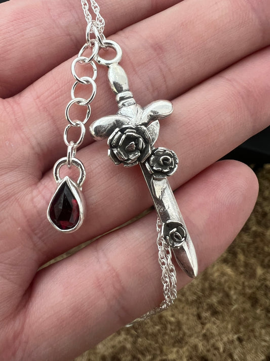 floral sword with removable pear garnet necklace