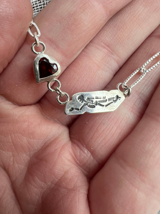 garnet heart skeleton lovers necklace