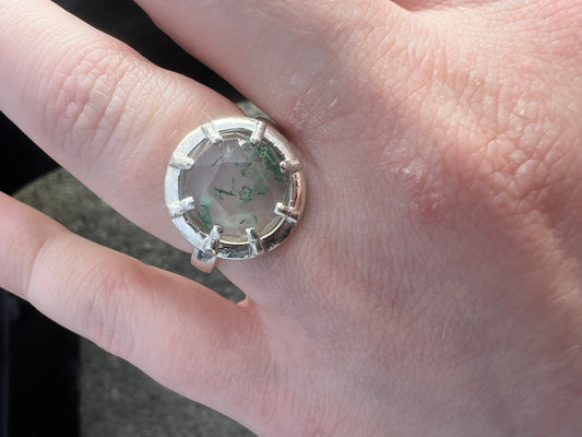 moss agate round georgian collet-style claw ring