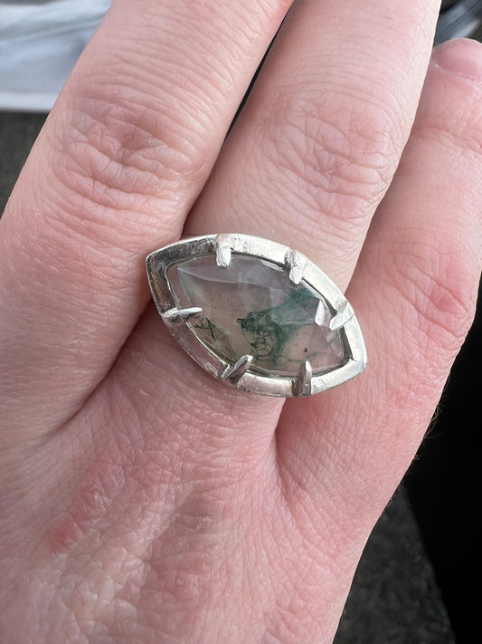 moss agate marquise georgian collet-style claw ring